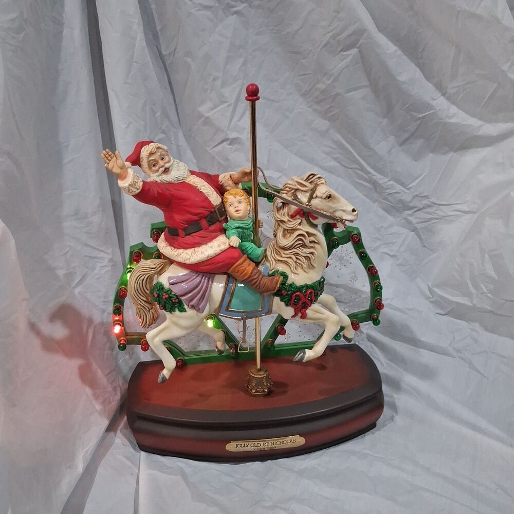 Vintage Christmas ENSECO Santa on Carousel Horse MUSIC BOX W/ LIGHTS As Is